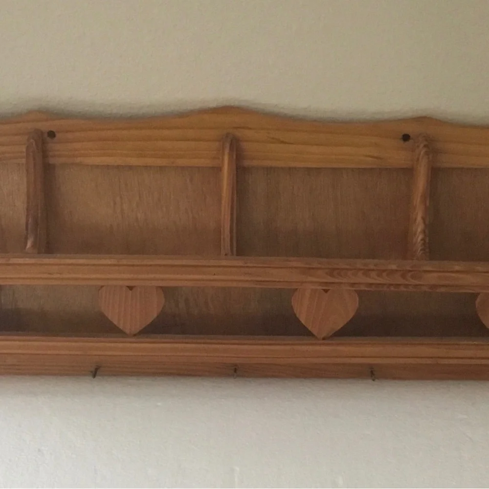 Heart-Accent Natural Wood Wall Shelf with Hooks